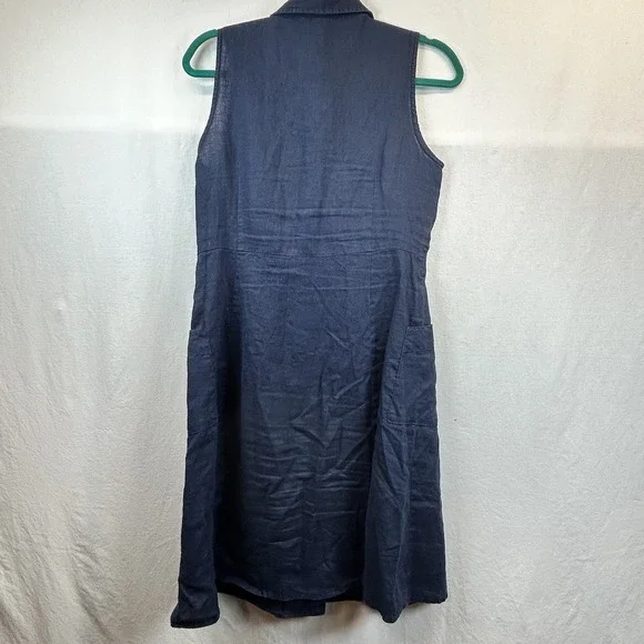 MNG Mango Navy Blue 100% Linen Shirt Dress Sleeveless Brown Button Up - Picture 2 of 9